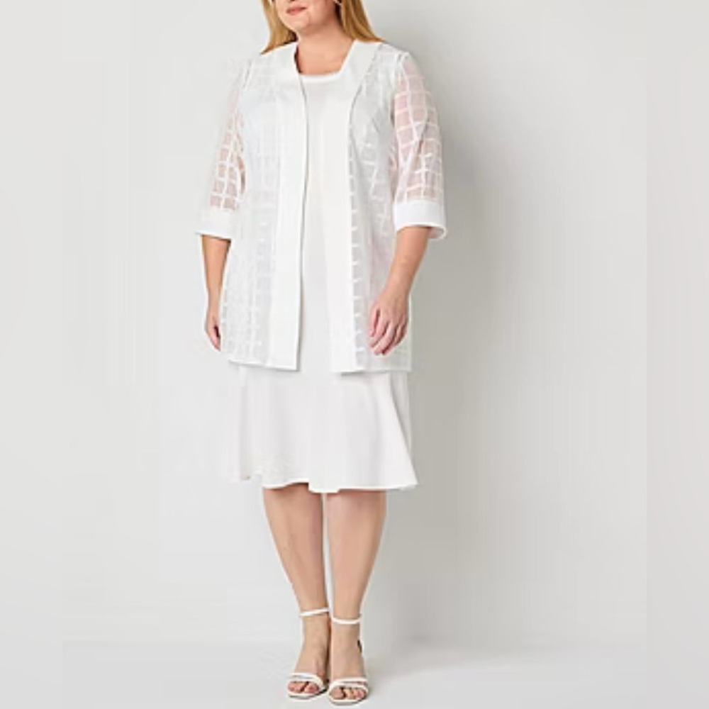 Maya Brooke  Elegant White Dress with Sheer Overlay